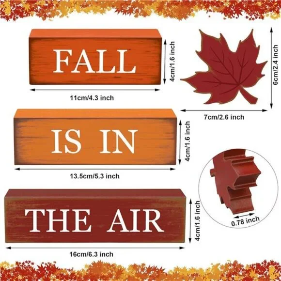 4 PCS Fall Maple Leaf Wooden Table Block Sign Thanksgiving Wood Tiered Tray - Picture 3 of 8